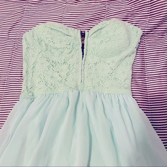 Mint Blue Satin Lace Strapless Dress - Picture 2 of 2